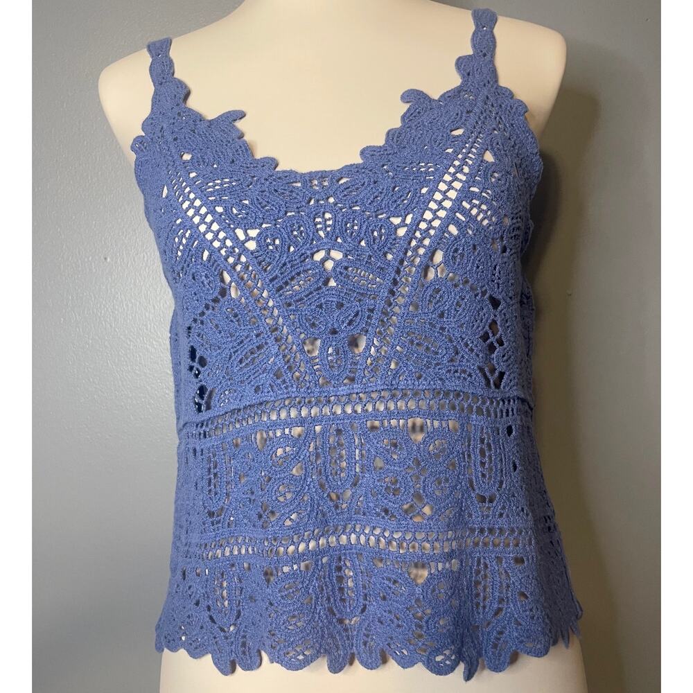 Small Blue Summer Sling Crop Tank Top Crochet Knitted Coverup Scalloped Boho